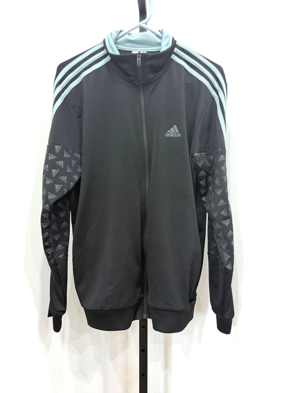 Adidas Black and Light Blue Track Jacket with Logo Print Sleeves Mediu